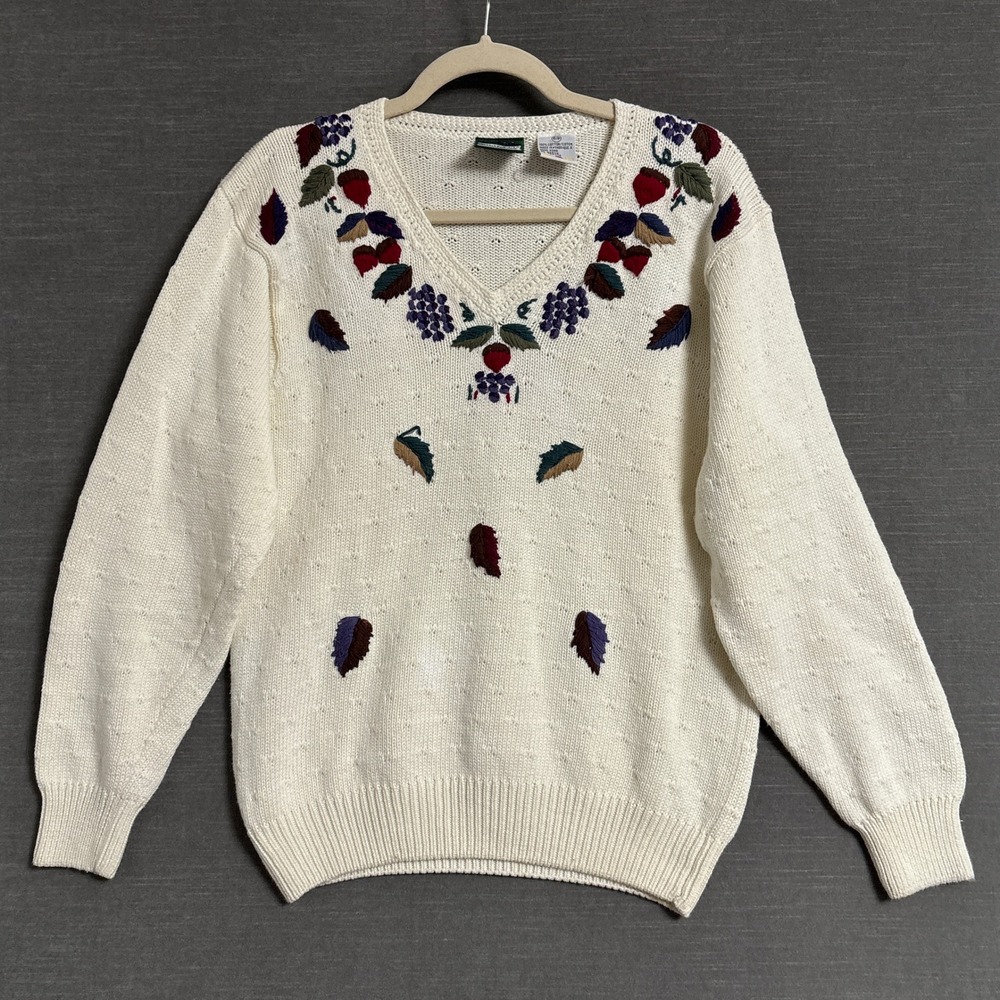 Vintage Northern Reflections Sweater S Cream Cotton Embroidered Fruit Knit Fall